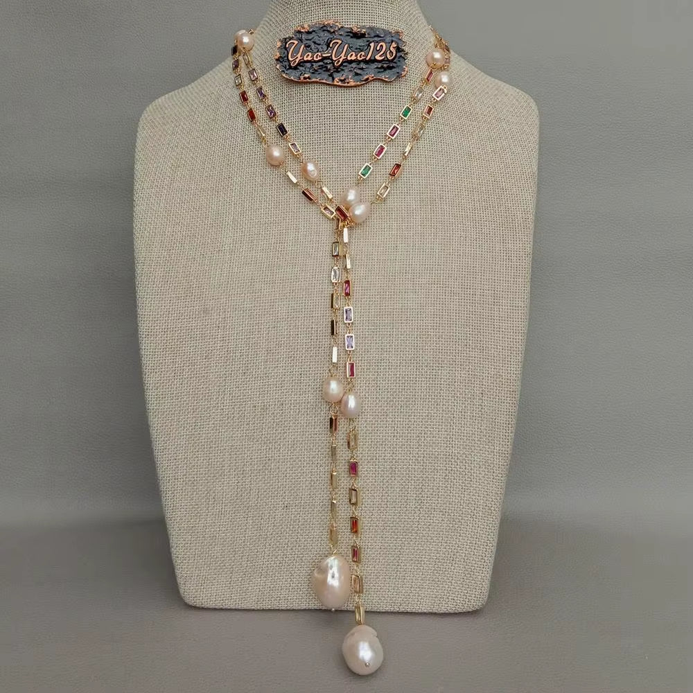 KKGEM 50" Cultured 16X24Mm Pink Keshi Baroque Pearl Mixed Color Rectangle Cz Pave Sweater Chain Long Chain Necklace