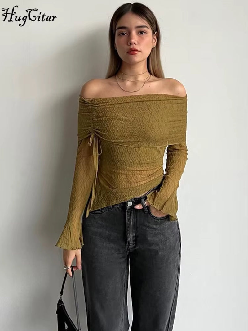 Mesh Slash Neck Striped Long Sleeve Shirring Sheer Sexy Slim Crop T Shirt Top Women Fashion New Y2K Clothes Party Club