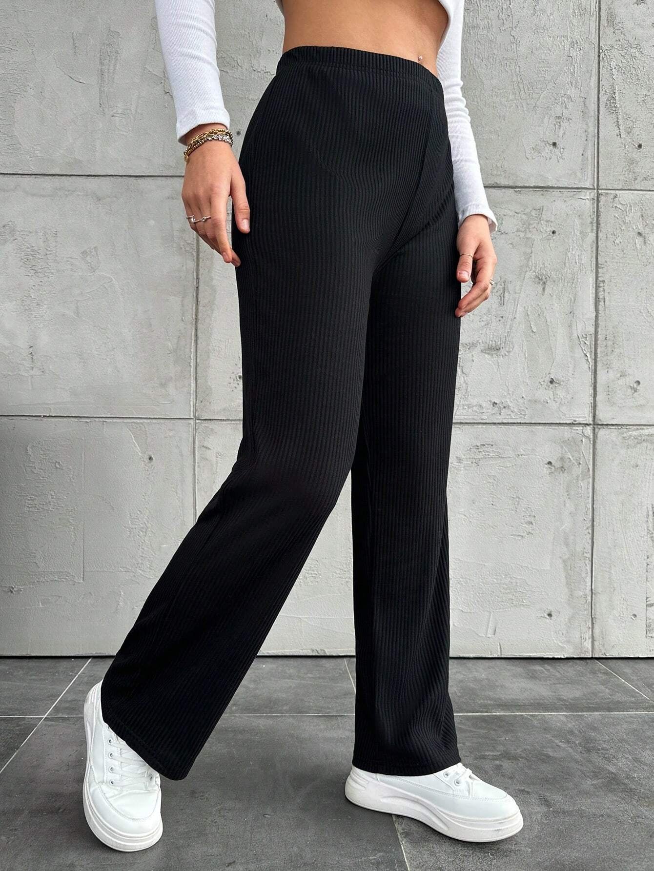 plus High Waist Straight Leg Ribbed Knit Pants