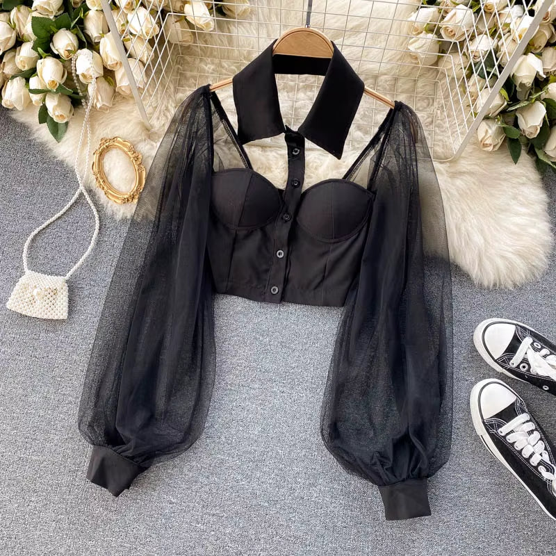 Women Mesh Sheer Blouse See-Through Long Sleeve Crop Top Single-Breasted Shirt Blouse Fashion Backless Sexy Shirt Female