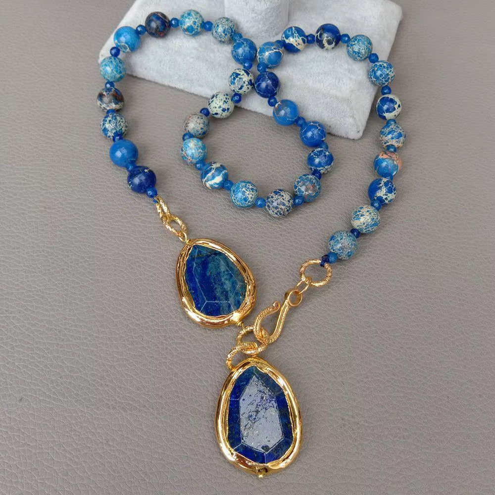 YYGEM Natural Blue Sea Sediment Jasper round Lapis Chunk Pendant Necklace 23''