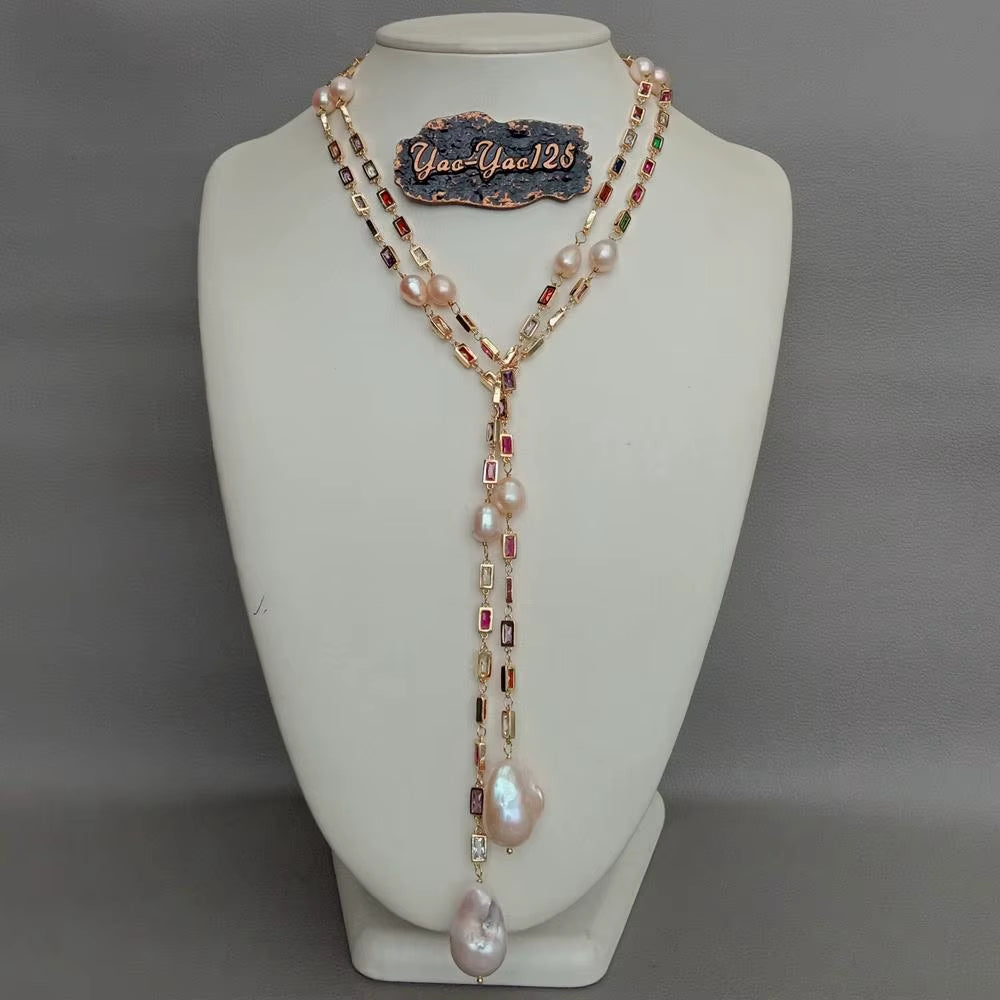 KKGEM 50" Cultured 16X24Mm Pink Keshi Baroque Pearl Mixed Color Rectangle Cz Pave Sweater Chain Long Chain Necklace