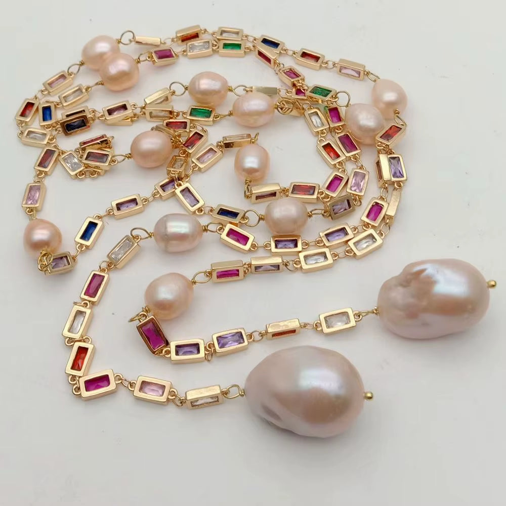 KKGEM 50" Cultured 16X24Mm Pink Keshi Baroque Pearl Mixed Color Rectangle Cz Pave Sweater Chain Long Chain Necklace