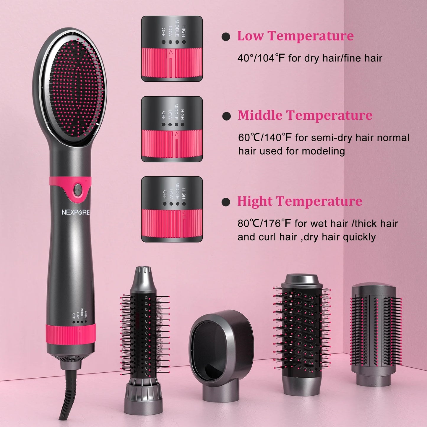 5-in-1 Hot Air Hair Dryer Brush Set, 1" Volumizer & Styler – Gray
