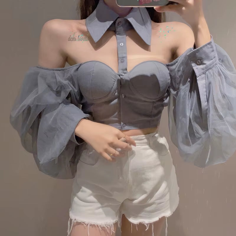 Women Mesh Sheer Blouse See-Through Long Sleeve Crop Top Single-Breasted Shirt Blouse Fashion Backless Sexy Shirt Female
