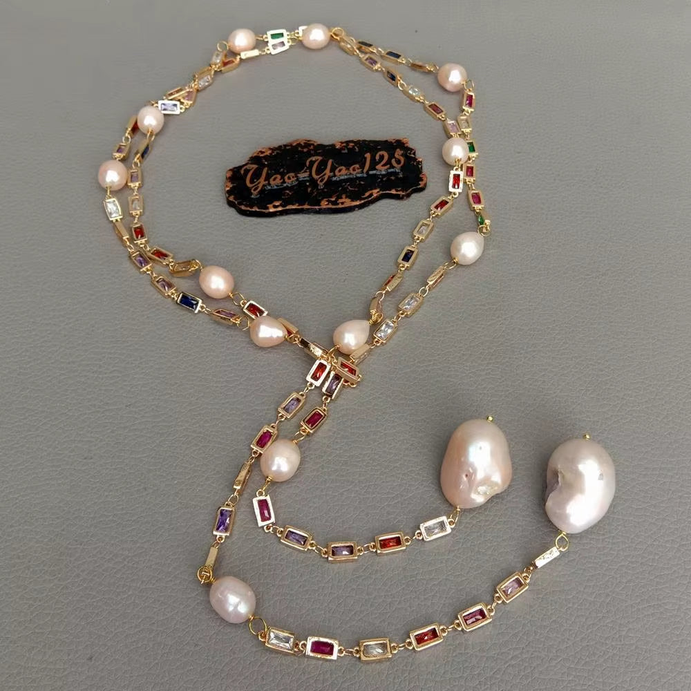 KKGEM 50" Cultured 16X24Mm Pink Keshi Baroque Pearl Mixed Color Rectangle Cz Pave Sweater Chain Long Chain Necklace