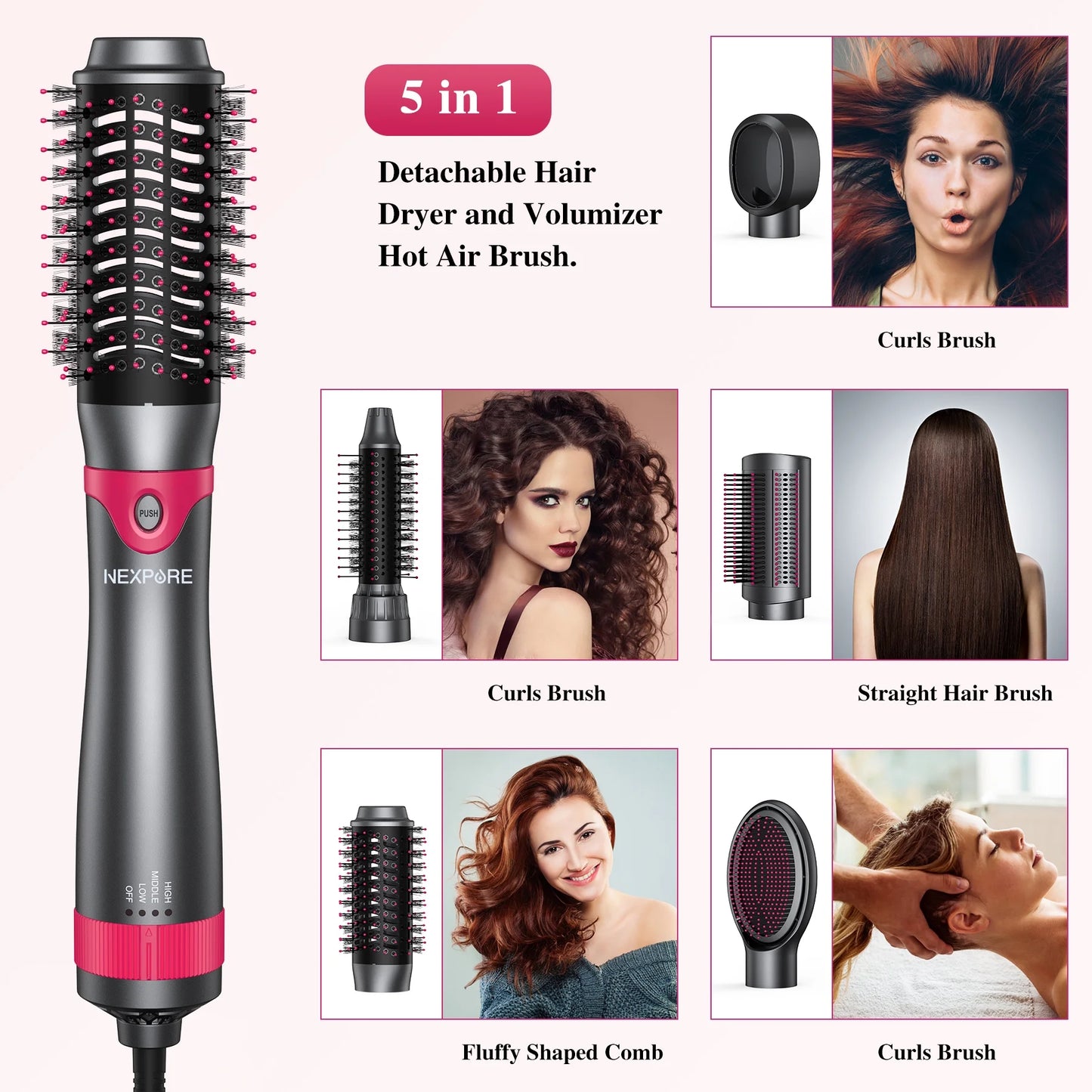 5-in-1 Hot Air Hair Dryer Brush Set, 1" Volumizer & Styler – Gray
