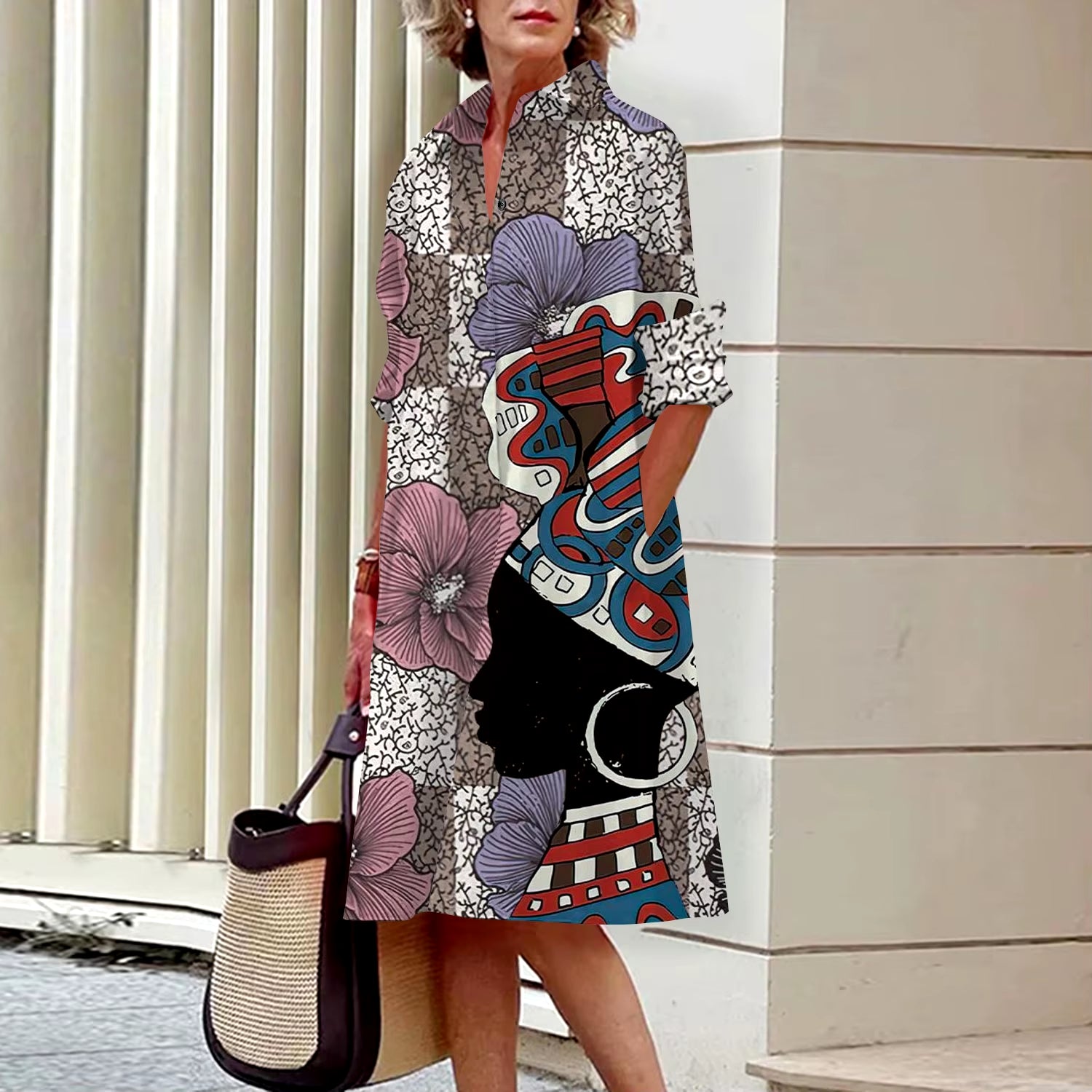 Shirt Women'S 2023 Summer Fashion Clothing Noble Lady Print Sexy Shirt Summer Dress Loose Fashion Lapel Temperament Pocket