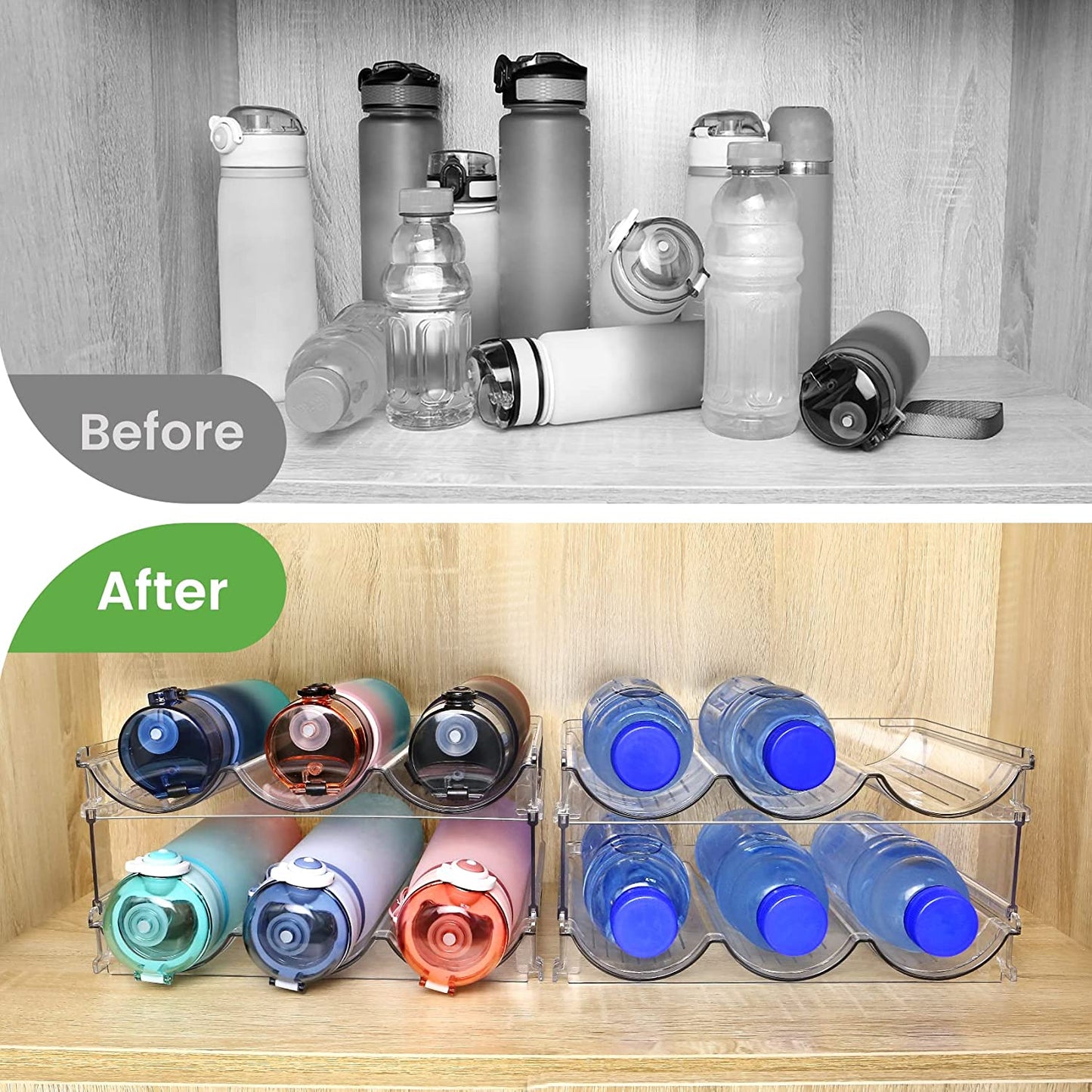 Stackable Water Bottle Organizer Rack – 2-Pack Cabinet Storage Holder