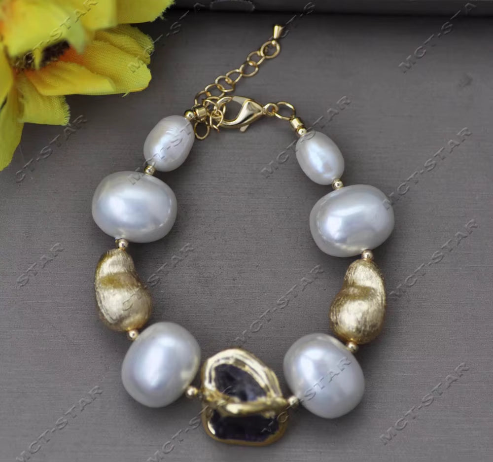 Z12456 22'' White Egg Shell Pearl Baroque Citrine Amethyst Aquamarine Necklace