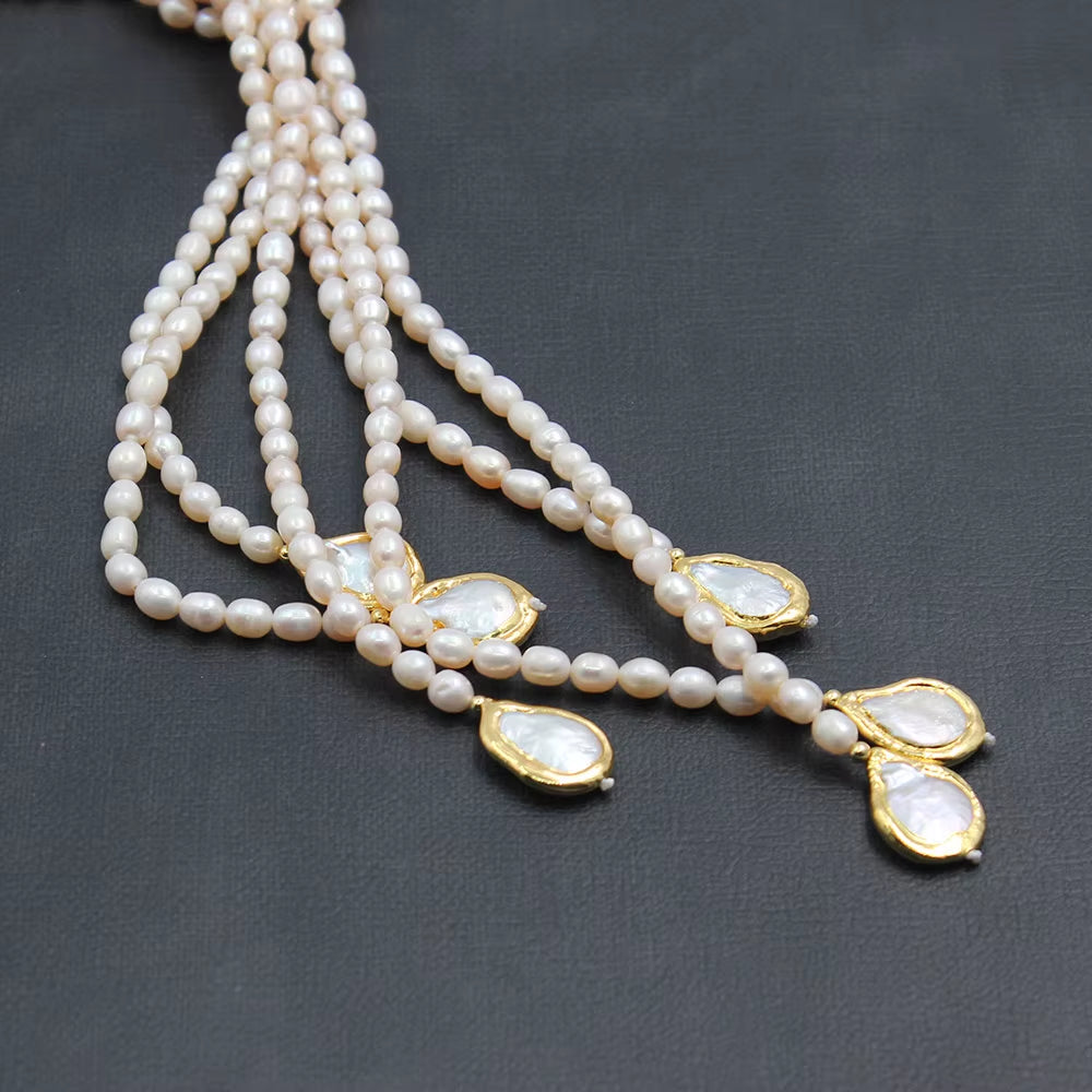 Guaiguai Jewelry 3 Rows Cultured White Rice Pearl Teardrop Keshi Pearl Lariat Long Sweater Chain Necklace Handmade for Women