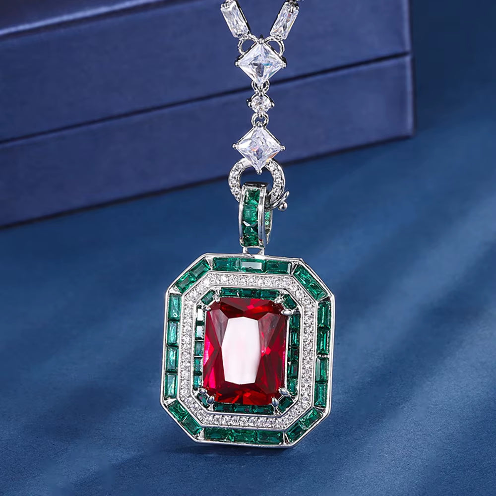 Charms Vintage 12*16Mm Emerald Ruby Pendant Chain Necklaces for Women Gemstone Lab Diamond Cocktail Party Fine Jewelry Lady Gift