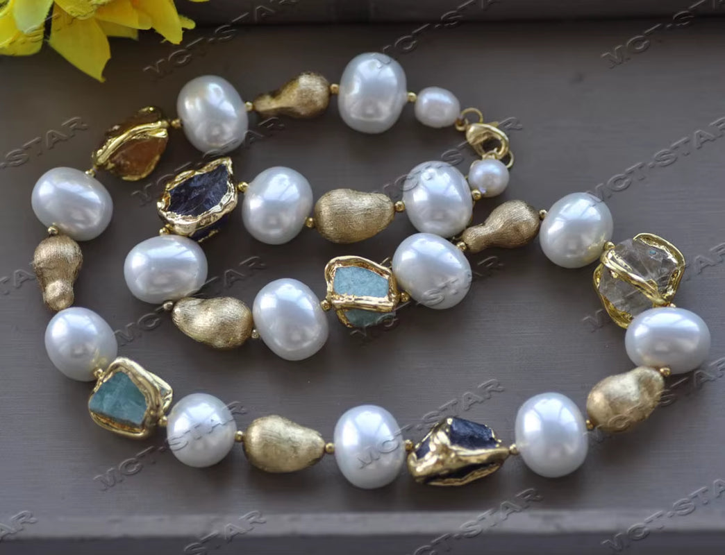 Z12456 22'' White Egg Shell Pearl Baroque Citrine Amethyst Aquamarine Necklace