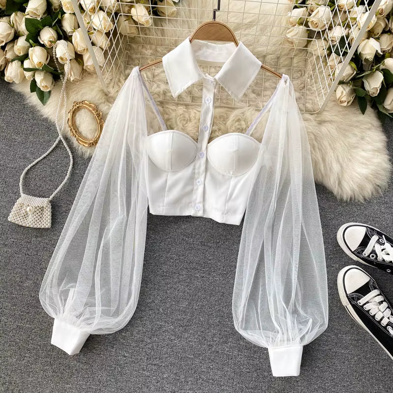 Women Mesh Sheer Blouse See-Through Long Sleeve Crop Top Single-Breasted Shirt Blouse Fashion Backless Sexy Shirt Female