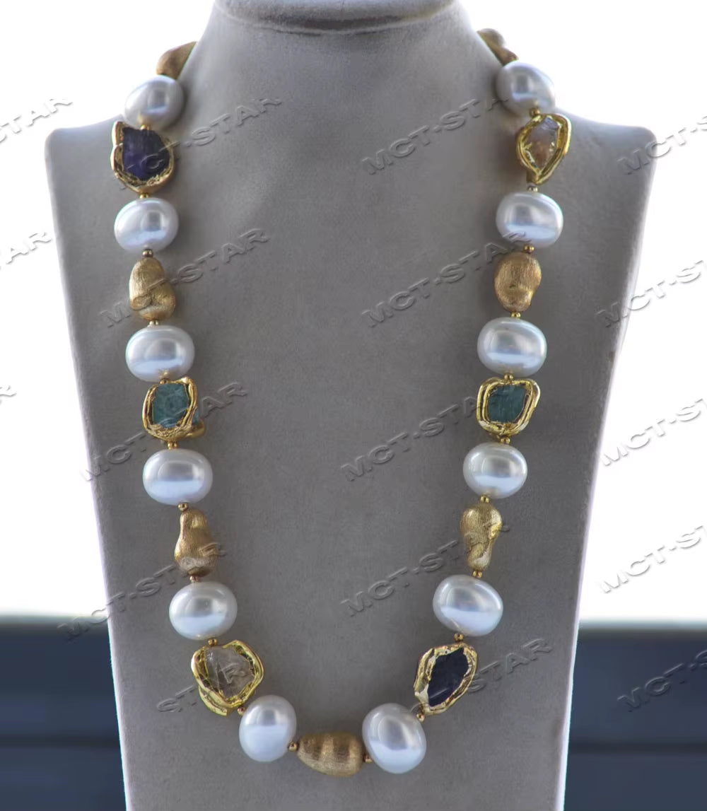 Z12456 22'' White Egg Shell Pearl Baroque Citrine Amethyst Aquamarine Necklace