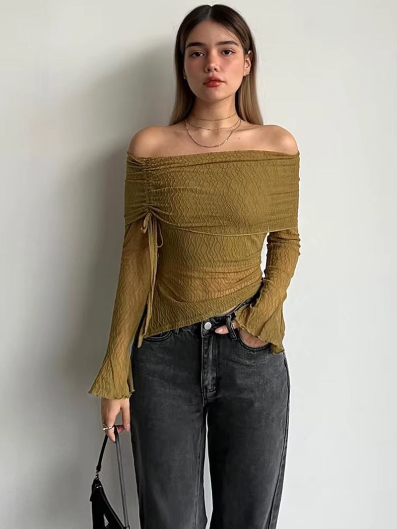 Mesh Slash Neck Striped Long Sleeve Shirring Sheer Sexy Slim Crop T Shirt Top Women Fashion New Y2K Clothes Party Club