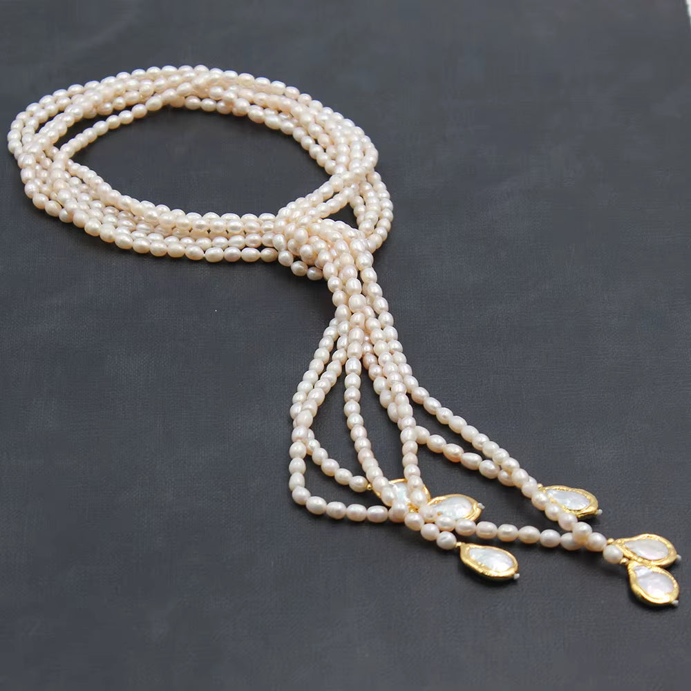 Guaiguai Jewelry 3 Rows Cultured White Rice Pearl Teardrop Keshi Pearl Lariat Long Sweater Chain Necklace Handmade for Women