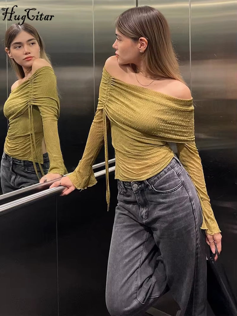 Mesh Slash Neck Striped Long Sleeve Shirring Sheer Sexy Slim Crop T Shirt Top Women Fashion New Y2K Clothes Party Club