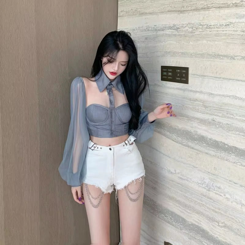 Women Mesh Sheer Blouse See-Through Long Sleeve Crop Top Single-Breasted Shirt Blouse Fashion Backless Sexy Shirt Female