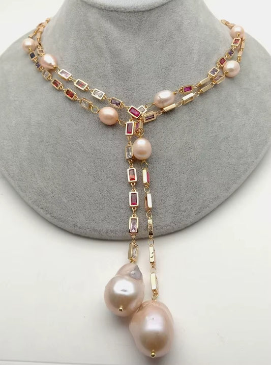 KKGEM 50" Cultured 16X24Mm Pink Keshi Baroque Pearl Mixed Color Rectangle Cz Pave Sweater Chain Long Chain Necklace