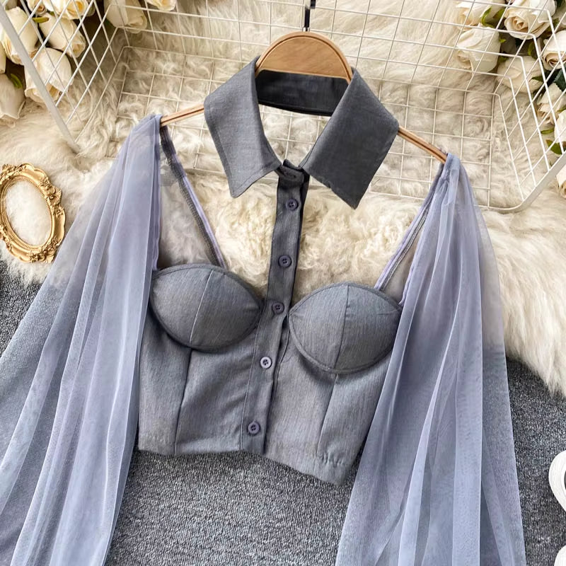 Women Mesh Sheer Blouse See-Through Long Sleeve Crop Top Single-Breasted Shirt Blouse Fashion Backless Sexy Shirt Female