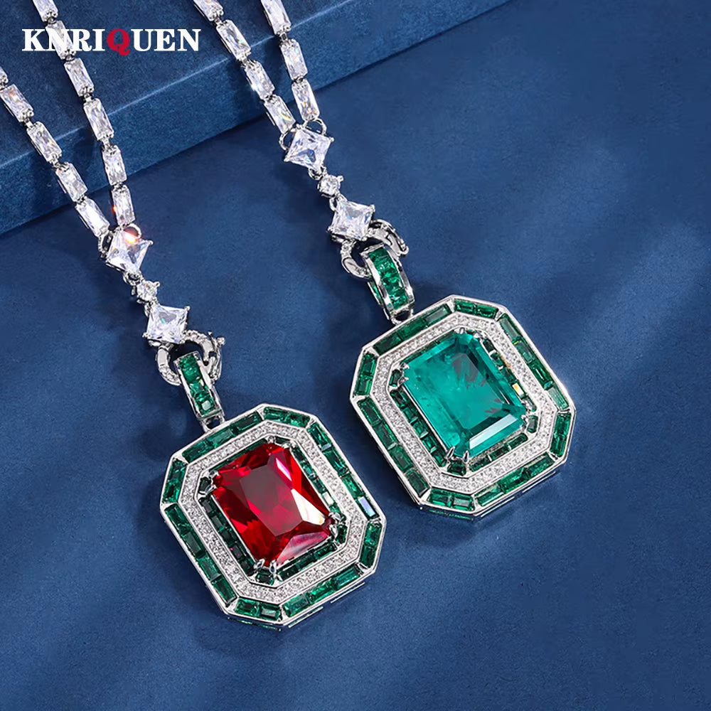 Charms Vintage 12*16Mm Emerald Ruby Pendant Chain Necklaces for Women Gemstone Lab Diamond Cocktail Party Fine Jewelry Lady Gift