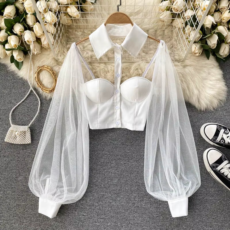 Women Mesh Sheer Blouse See-Through Long Sleeve Crop Top Single-Breasted Shirt Blouse Fashion Backless Sexy Shirt Female