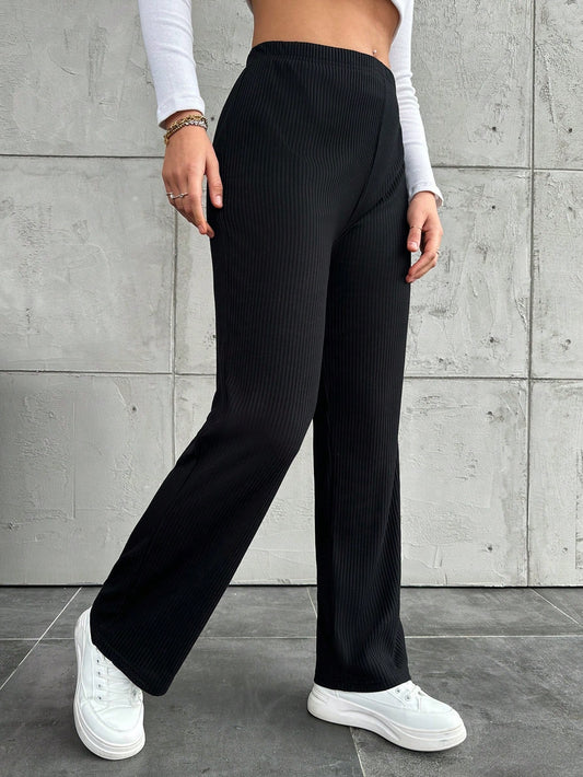plus High Waist Straight Leg Ribbed Knit Pants