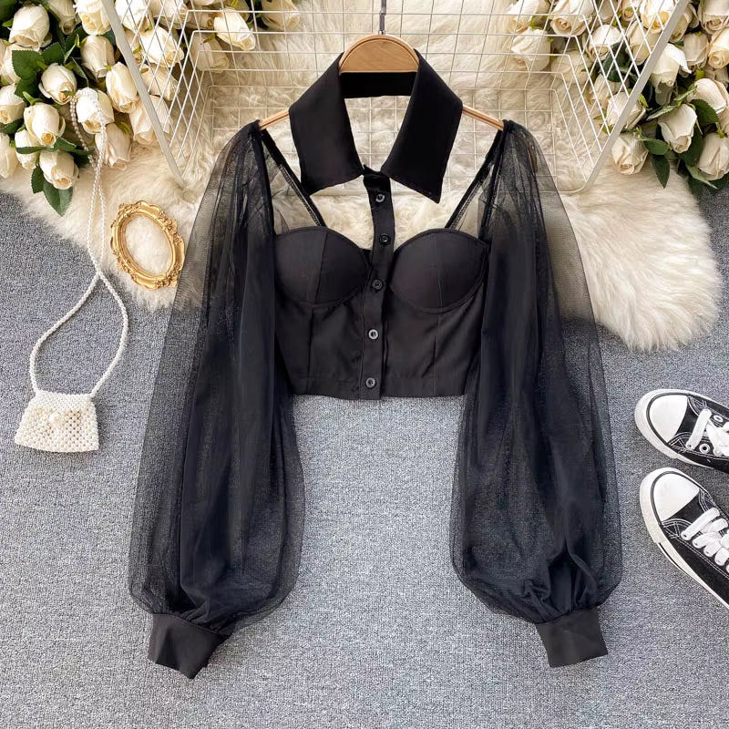 Women Mesh Sheer Blouse See-Through Long Sleeve Crop Top Single-Breasted Shirt Blouse Fashion Backless Sexy Shirt Female