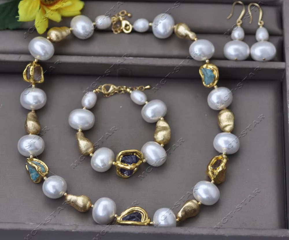 Z12456 22'' White Egg Shell Pearl Baroque Citrine Amethyst Aquamarine Necklace