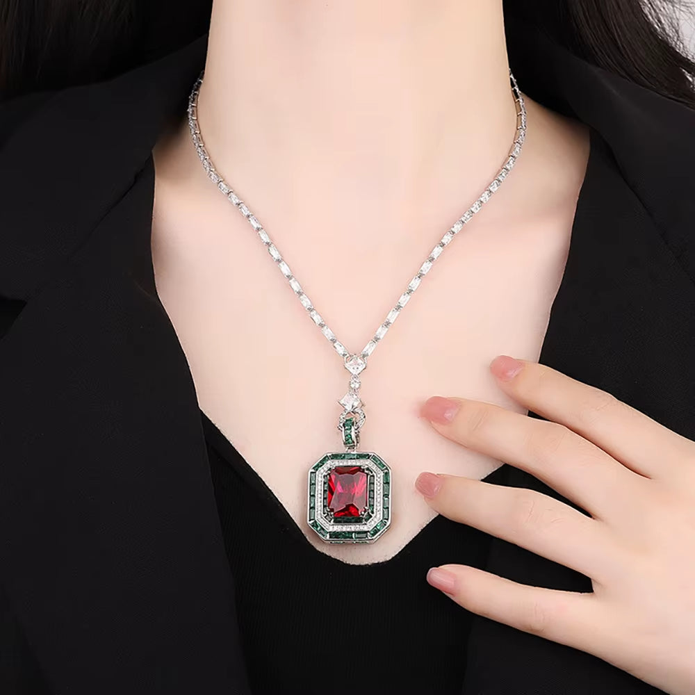 Charms Vintage 12*16Mm Emerald Ruby Pendant Chain Necklaces for Women Gemstone Lab Diamond Cocktail Party Fine Jewelry Lady Gift