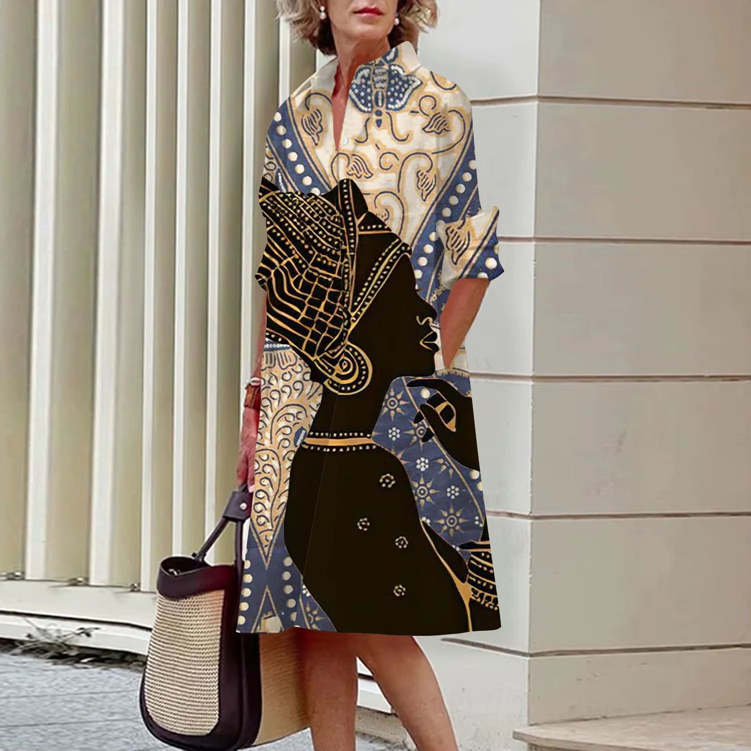 Shirt Women'S 2023 Summer Fashion Clothing Noble Lady Print Sexy Shirt Summer Dress Loose Fashion Lapel Temperament Pocket