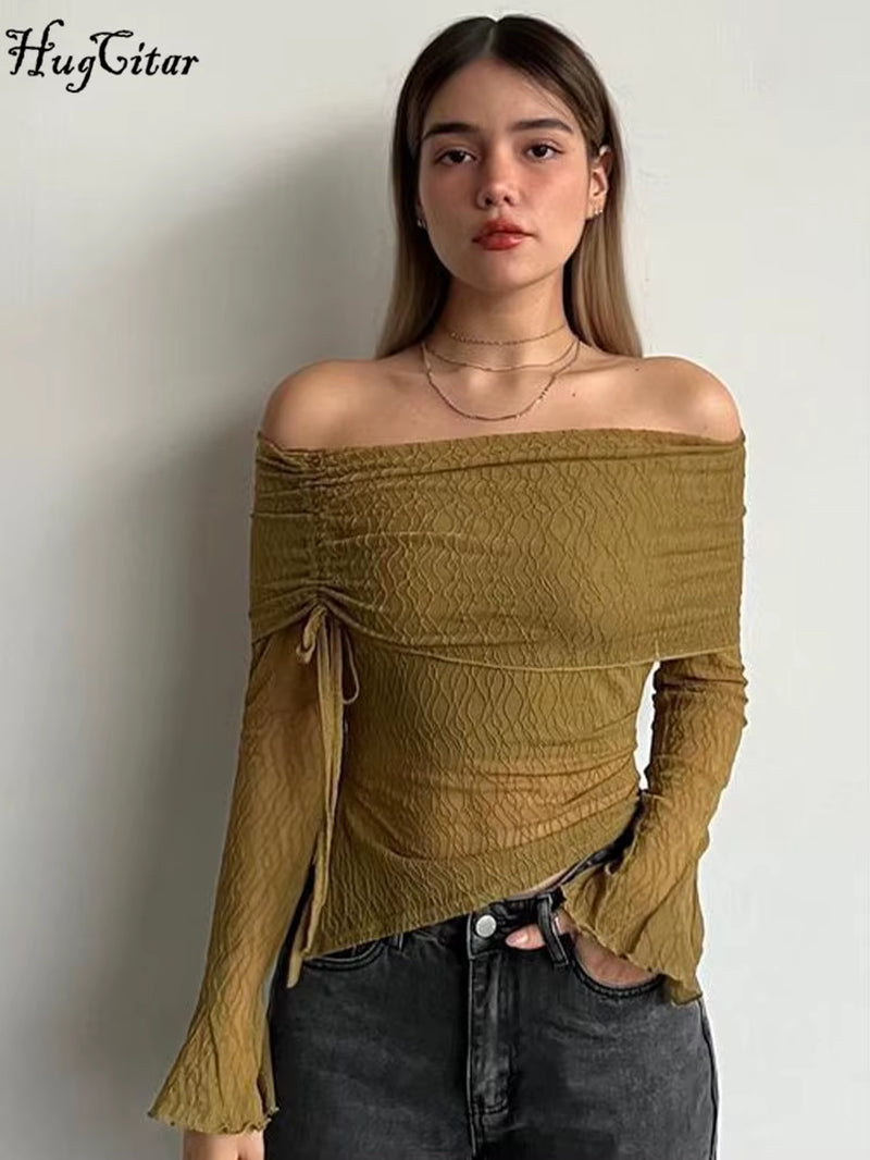 Mesh Slash Neck Striped Long Sleeve Shirring Sheer Sexy Slim Crop T Shirt Top Women Fashion New Y2K Clothes Party Club