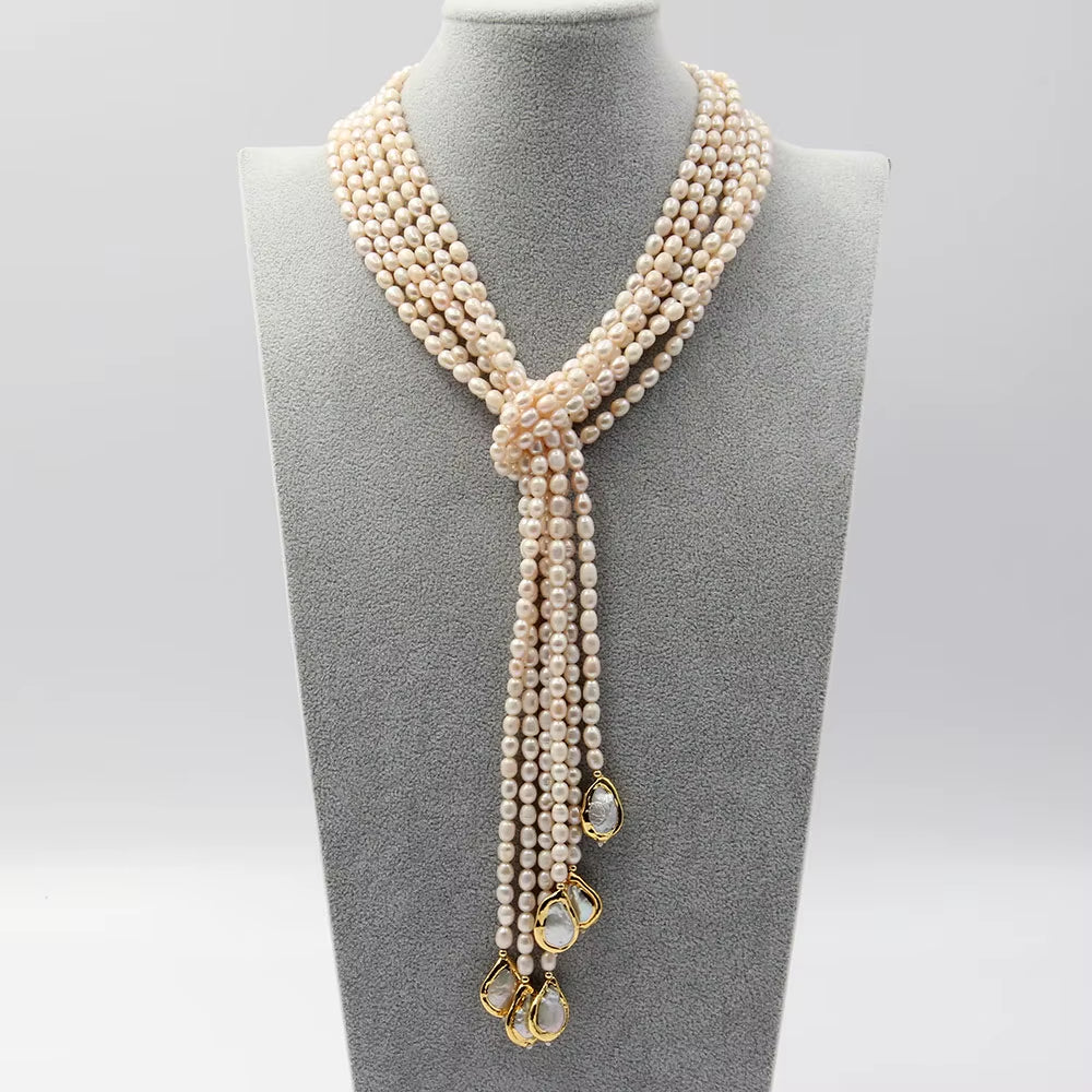 Guaiguai Jewelry 3 Rows Cultured White Rice Pearl Teardrop Keshi Pearl Lariat Long Sweater Chain Necklace Handmade for Women