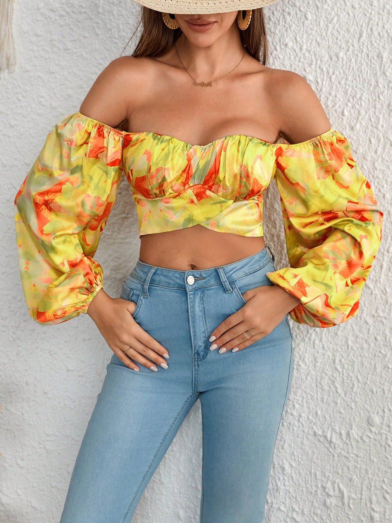 SHEIN VCAY Allover Print off Shoulder Lantern Sleeve Crop Blouse