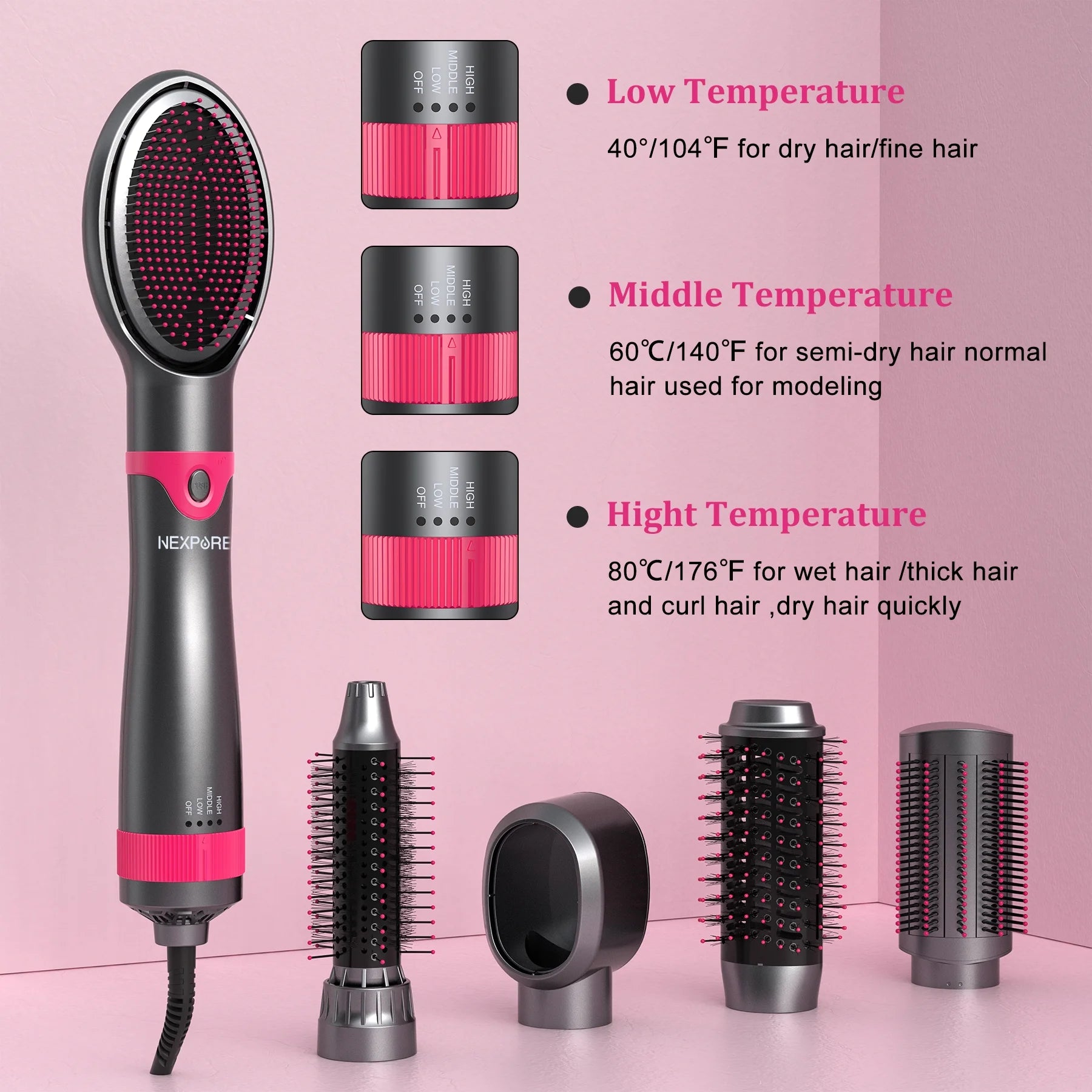 5-in-1 Hot Air Hair Dryer Brush Set, 1" Volumizer & Styler – Gray
