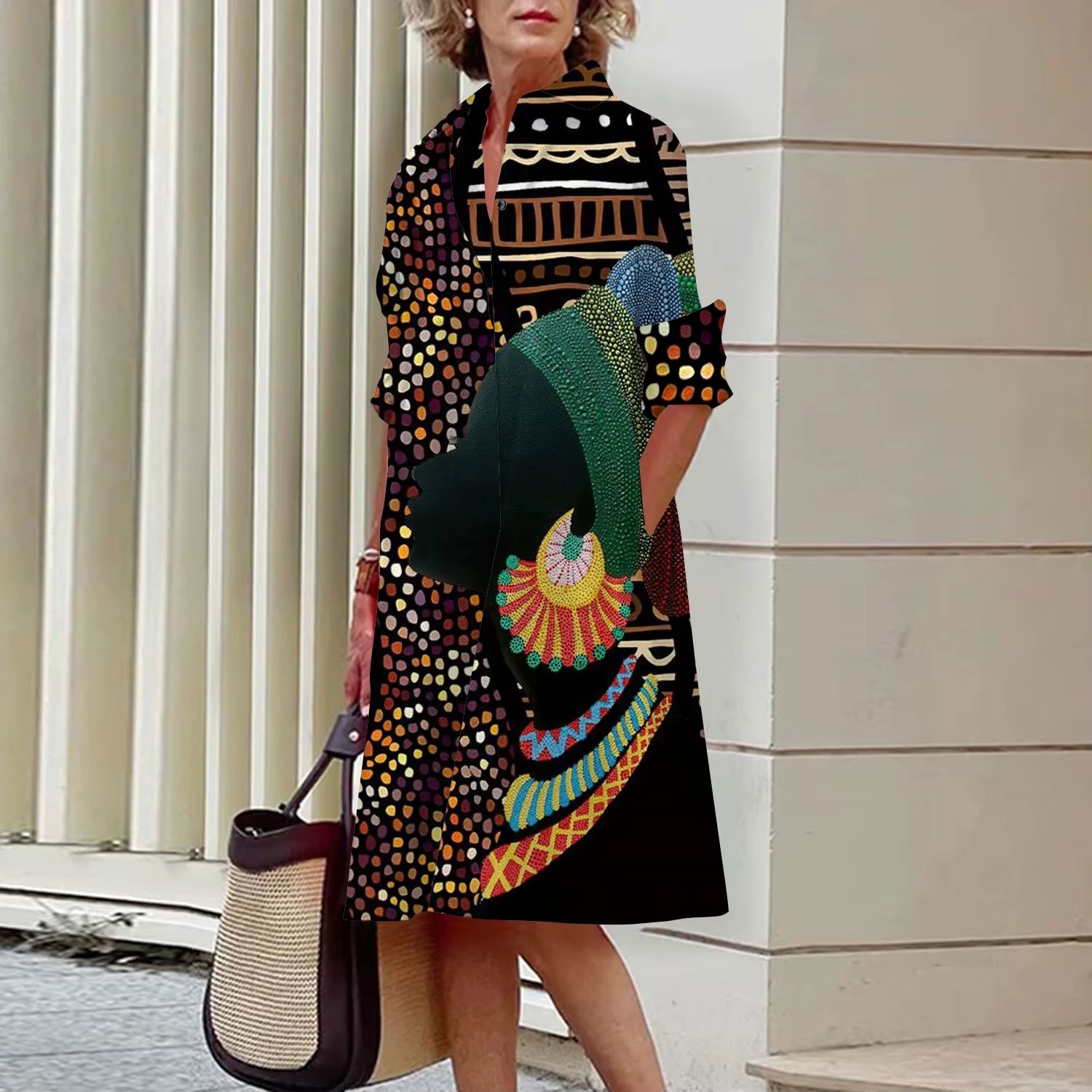 Shirt Women'S 2023 Summer Fashion Clothing Noble Lady Print Sexy Shirt Summer Dress Loose Fashion Lapel Temperament Pocket