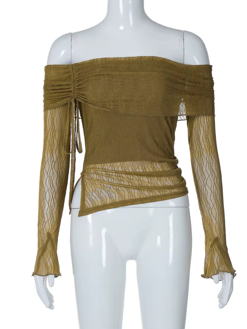 Mesh Slash Neck Striped Long Sleeve Shirring Sheer Sexy Slim Crop T Shirt Top Women Fashion New Y2K Clothes Party Club