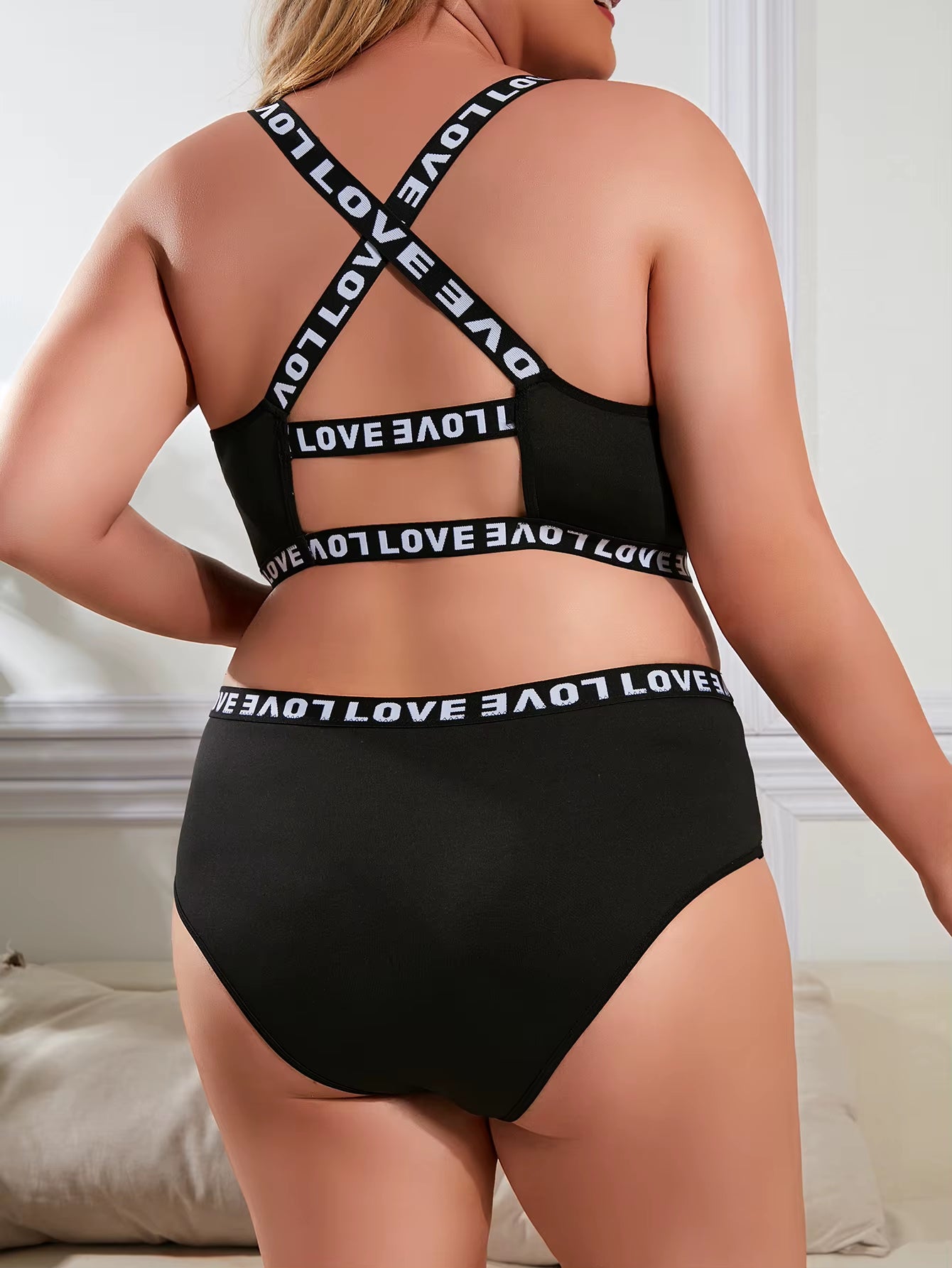 Fashion Sports Lingerie Set Women'S plus Size Bra Sexy Letter Tape Criss Cross Back Two Piece Set Comfortable Underwear Suit