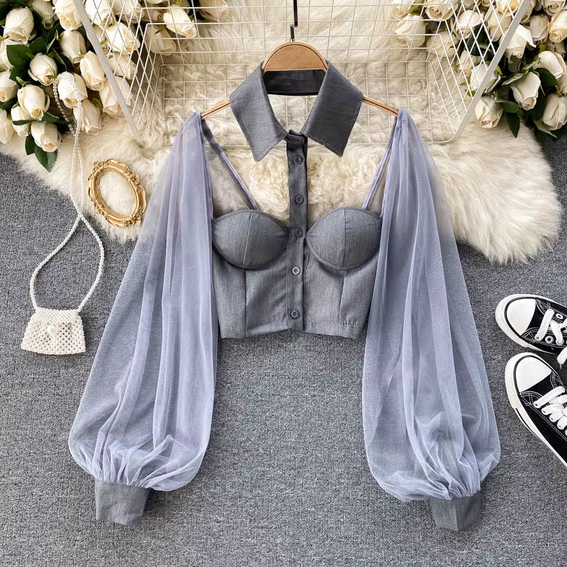 Women Mesh Sheer Blouse See-Through Long Sleeve Crop Top Single-Breasted Shirt Blouse Fashion Backless Sexy Shirt Female