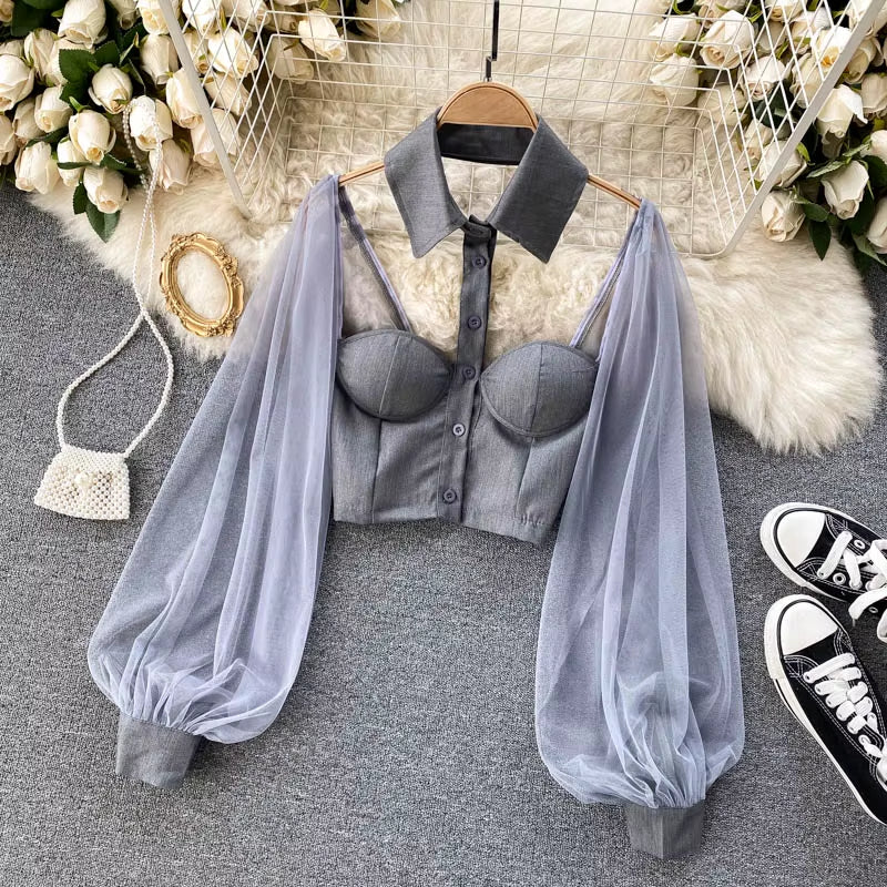 Women Mesh Sheer Blouse See-Through Long Sleeve Crop Top Single-Breasted Shirt Blouse Fashion Backless Sexy Shirt Female