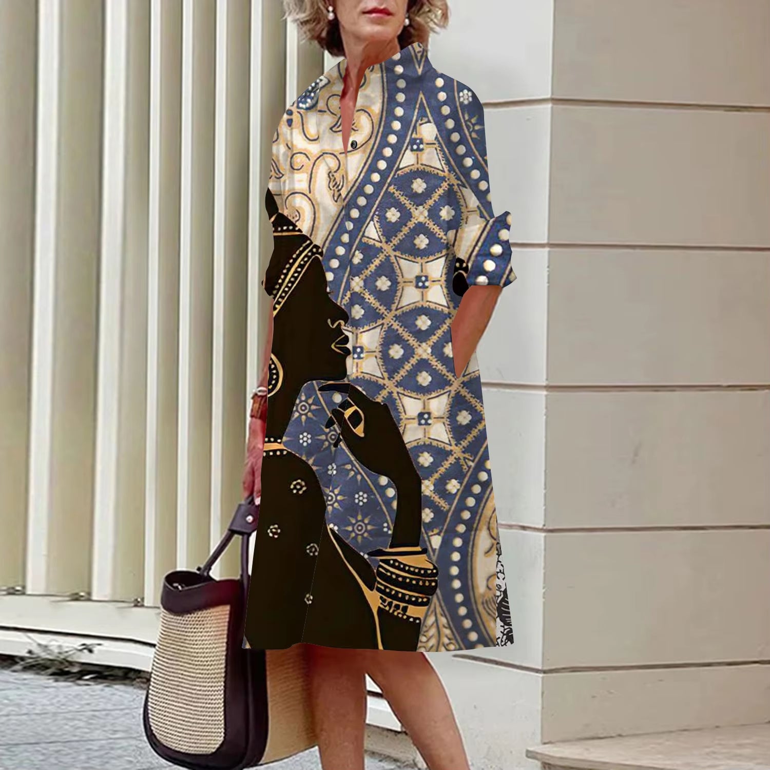Shirt Women'S 2023 Summer Fashion Clothing Noble Lady Print Sexy Shirt Summer Dress Loose Fashion Lapel Temperament Pocket
