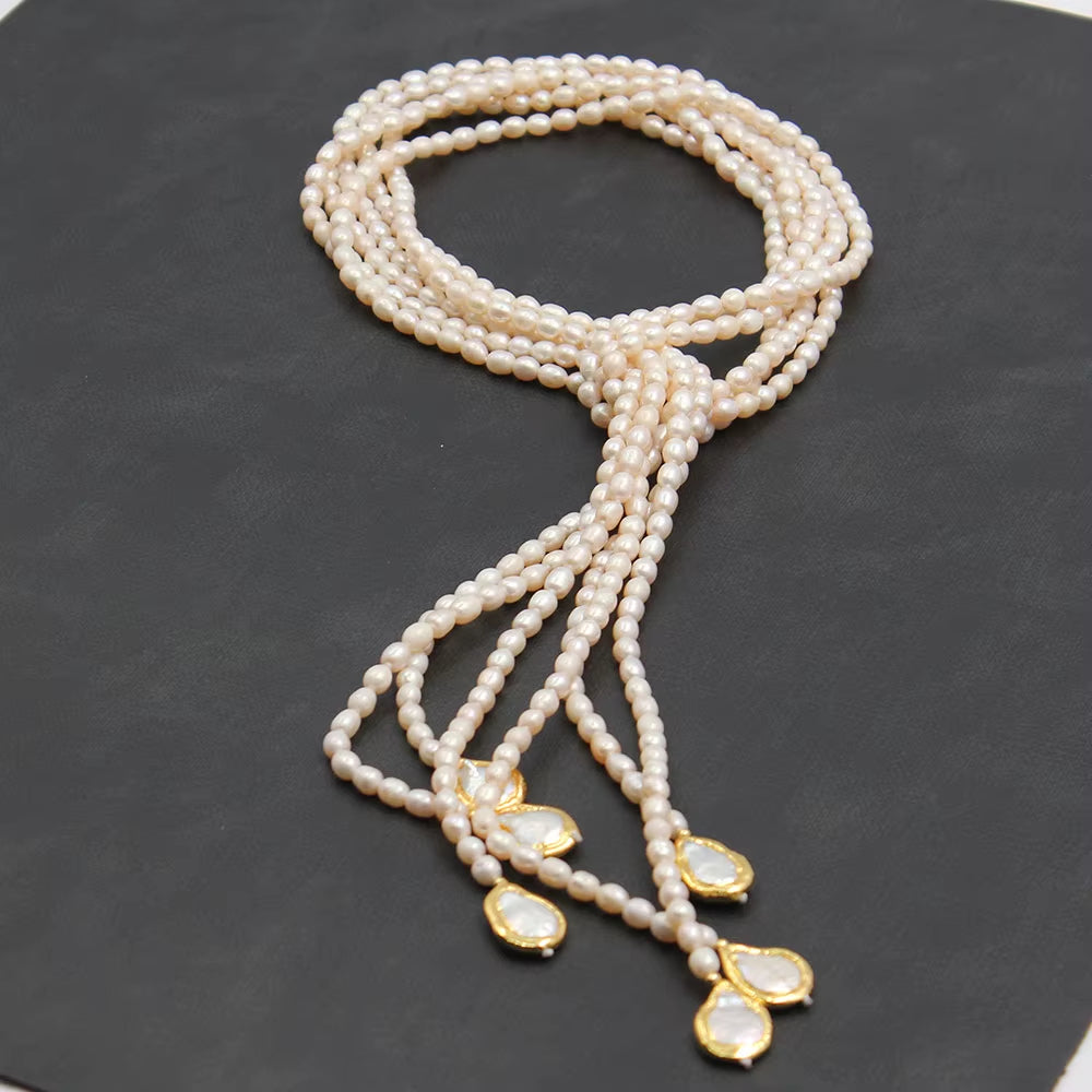 Guaiguai Jewelry 3 Rows Cultured White Rice Pearl Teardrop Keshi Pearl Lariat Long Sweater Chain Necklace Handmade for Women