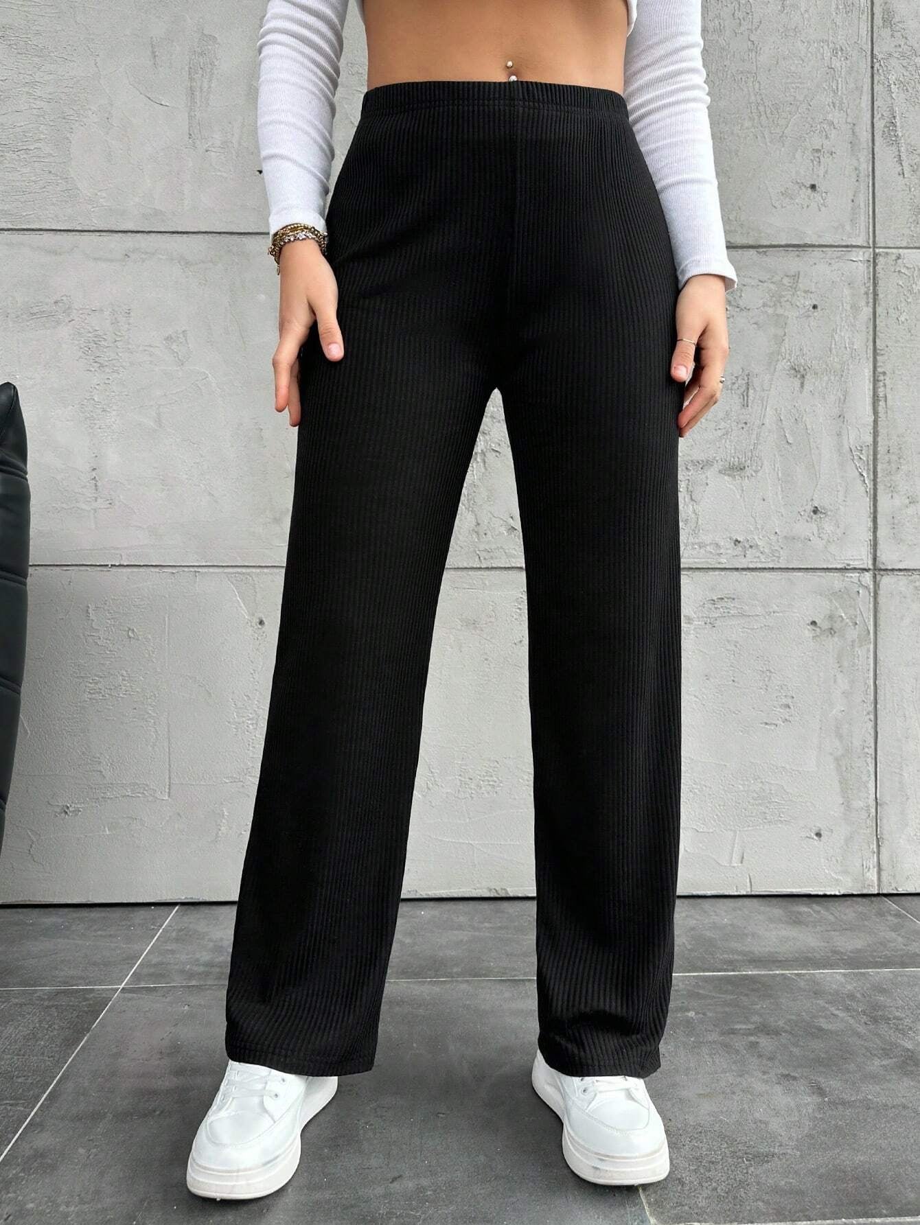 plus High Waist Straight Leg Ribbed Knit Pants