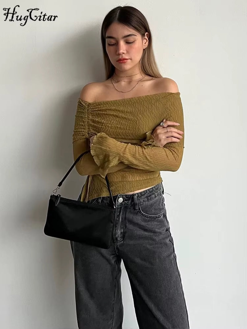 Mesh Slash Neck Striped Long Sleeve Shirring Sheer Sexy Slim Crop T Shirt Top Women Fashion New Y2K Clothes Party Club